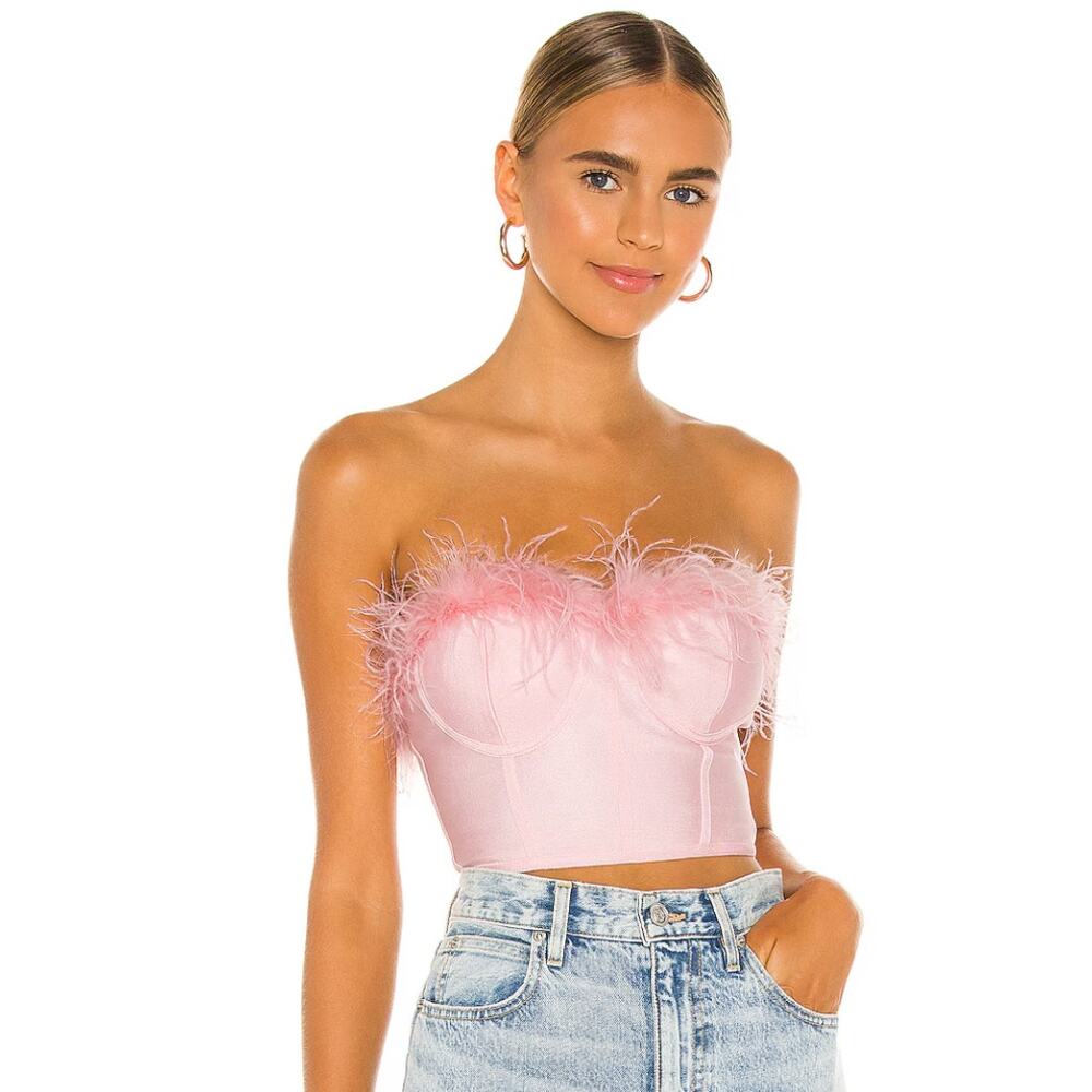 Superdown Ramona Bustier Top Pink Strapless Feather Corset Crop Sz M